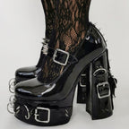 Women's Punk Platform Mary Jane Heels - Extreme High Chunky Block Heel Pumps with Spikes Buckle, Gothic Y2K Patent Leather Grunge Shoes - Styeenigma