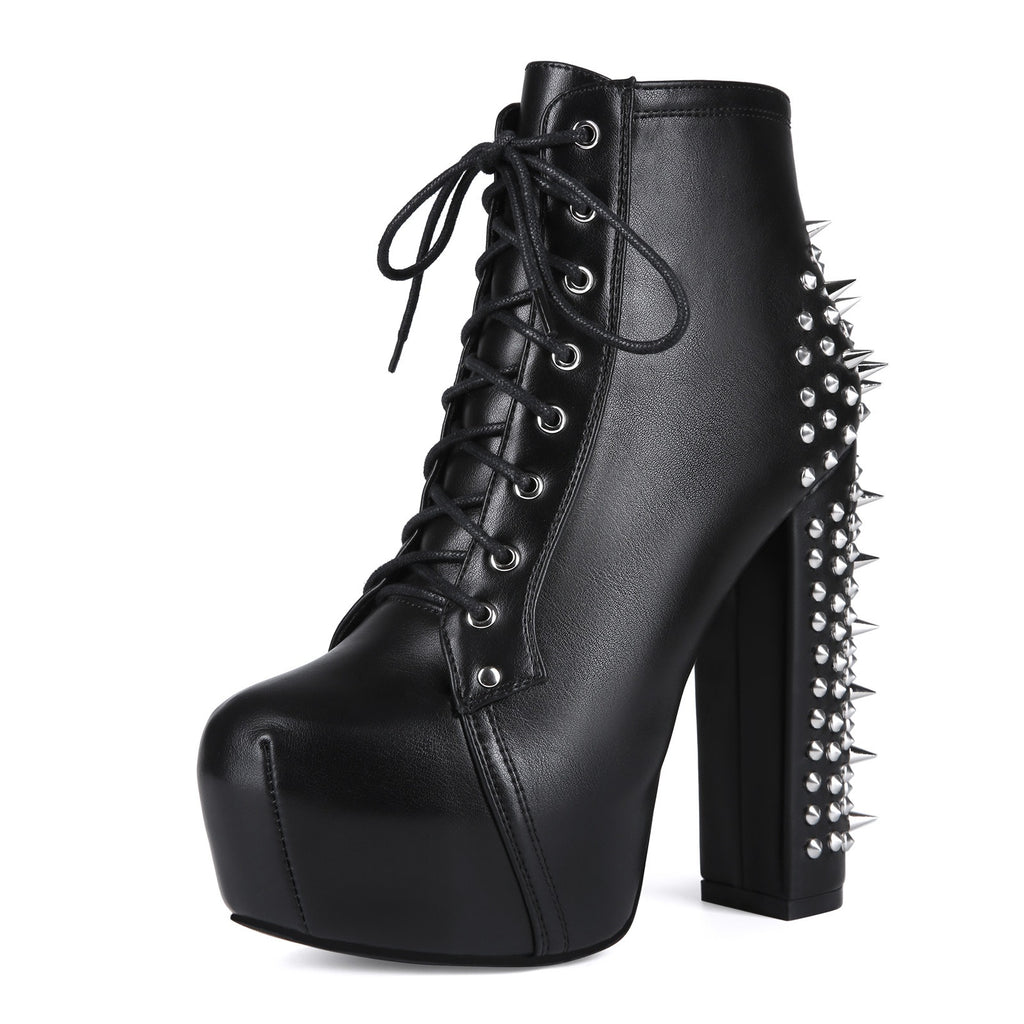 Women's Punk Studded Platform Boots - Gothic Lace Up Ankle Boots with Spikes | Heavy Metal High Heel Shoes - Styeenigma
