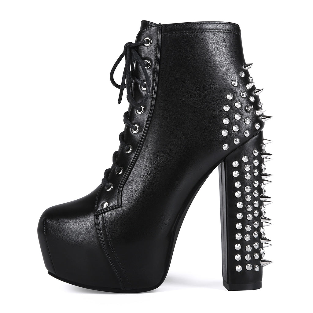 Women's Punk Studded Platform Boots - Gothic Lace Up Ankle Boots with Spikes | Heavy Metal High Heel Shoes - Styeenigma