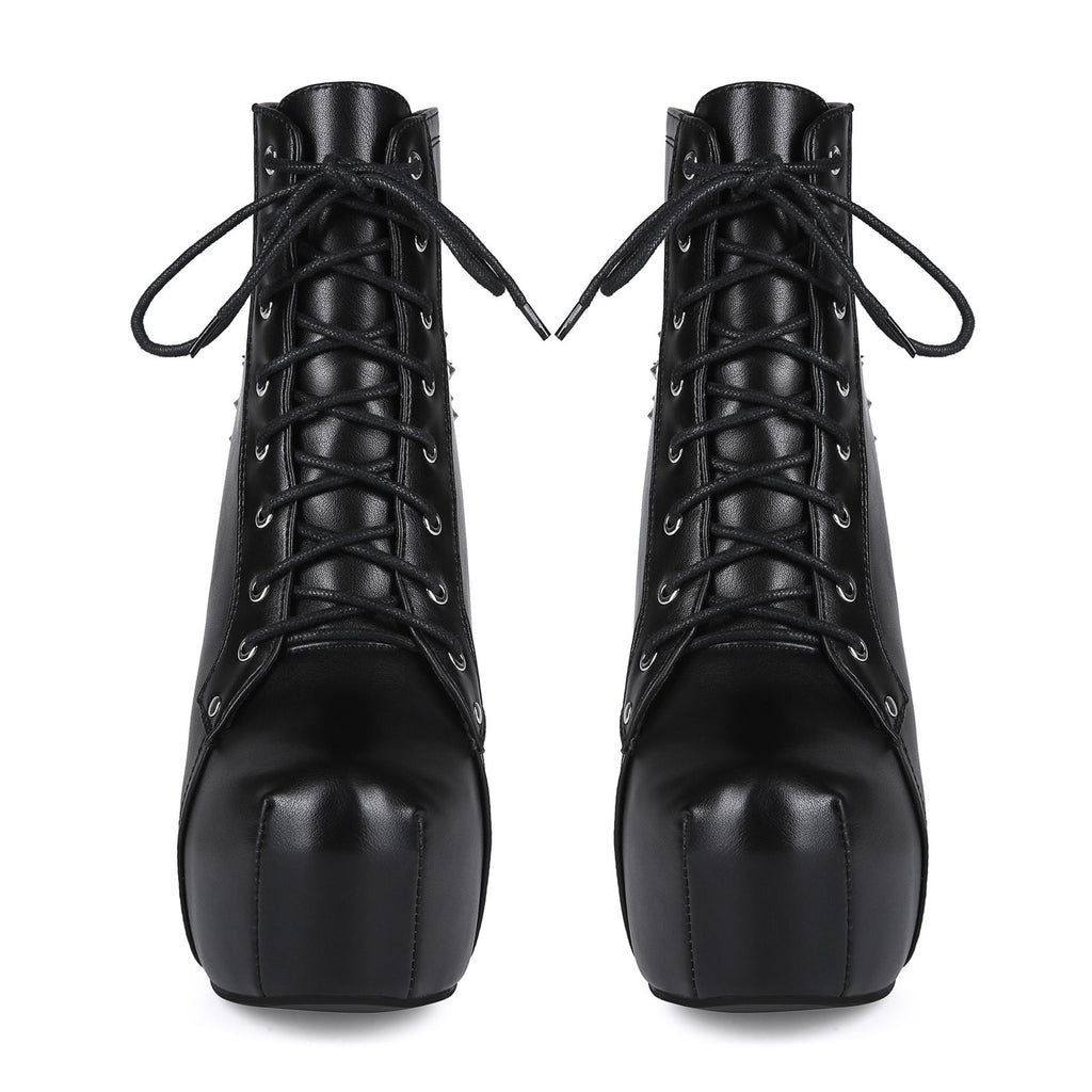 Women's Punk Studded Platform Boots - Gothic Lace Up Ankle Boots with Spikes | Heavy Metal High Heel Shoes - Styeenigma