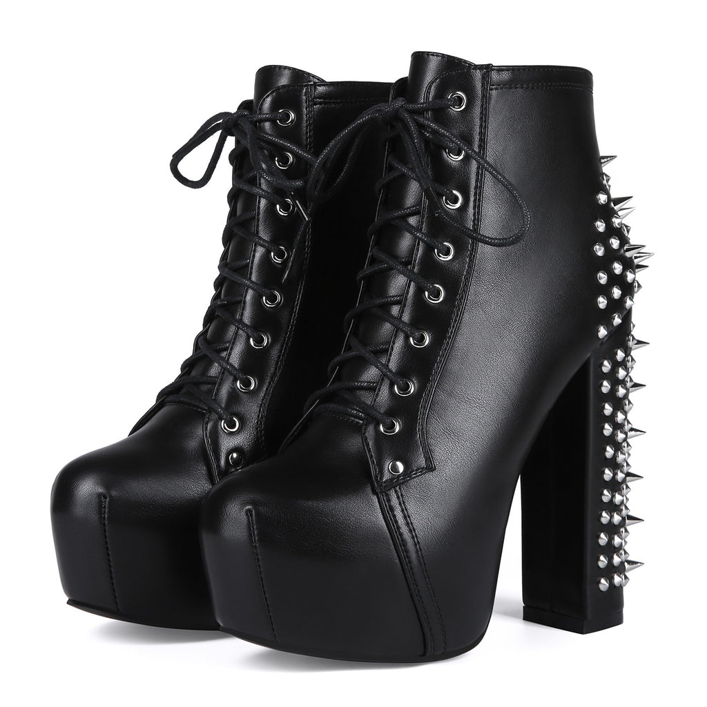 Women's Punk Studded Platform Boots - Gothic Lace Up Ankle Boots with Spikes | Heavy Metal High Heel Shoes - Styeenigma