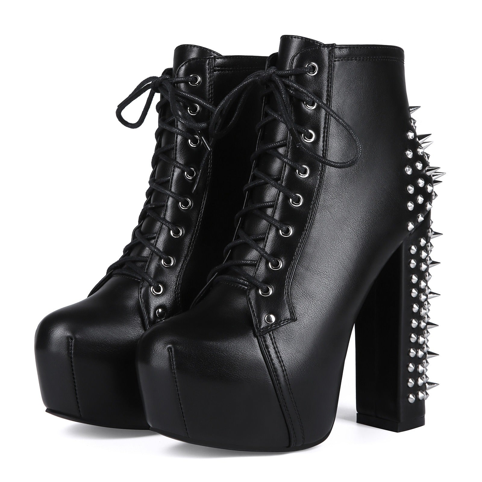 Women's Punk Studded Platform Boots - Gothic Lace Up Ankle Boots with Spikes | Heavy Metal High Heel Shoes - Styeenigma