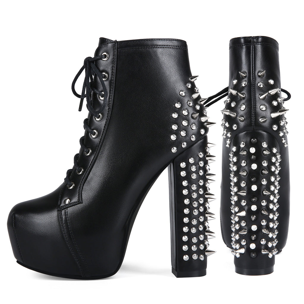 Women's Punk Studded Platform Boots - Gothic Lace Up Ankle Boots with Spikes | Heavy Metal High Heel Shoes - Styeenigma