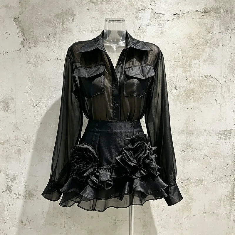 Women’s Ruffle Hem Skirt Suit | 2 Piece Blazer & Mini Skirt Set