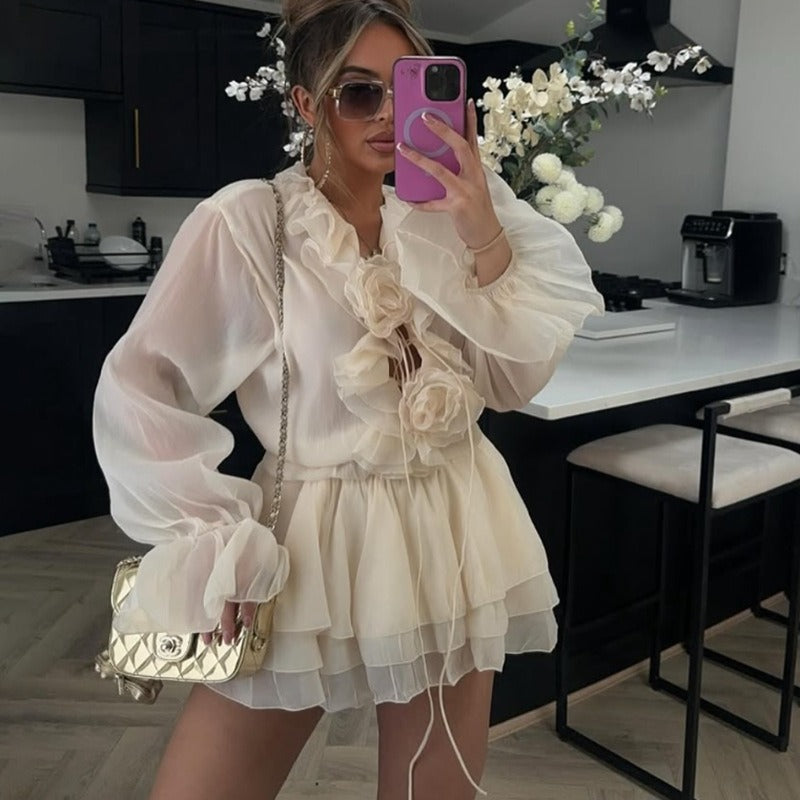 Women’s Ruffle Lace-Up Mini Dress | Long Sleeve Tiered Ruffle Hem Dress