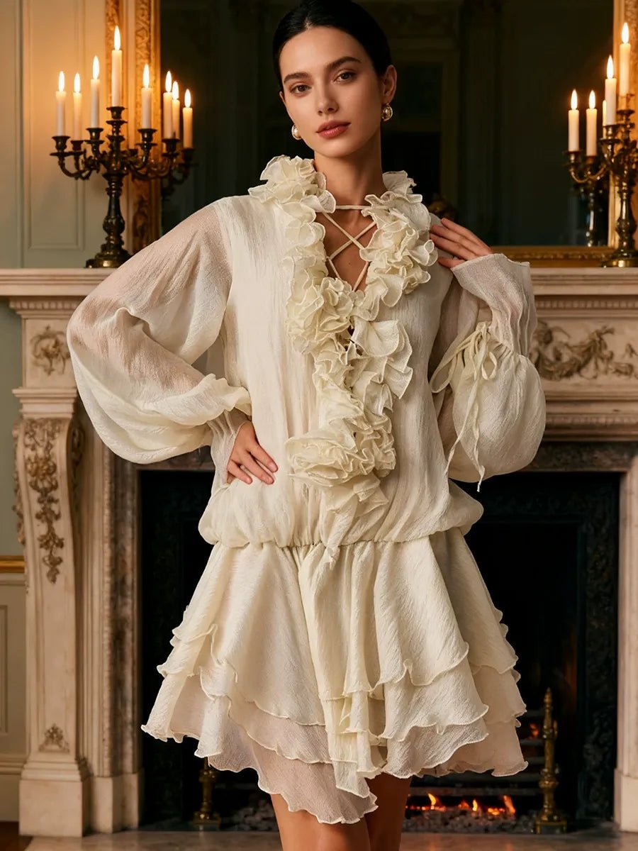 Women’s Ruffle Lace-Up Mini Dress | Long Sleeve Tiered Ruffle Hem Dress - Styeenigma