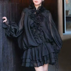 Women’s Ruffle Lace-Up Mini Dress | Long Sleeve Tiered Ruffle Hem Dress