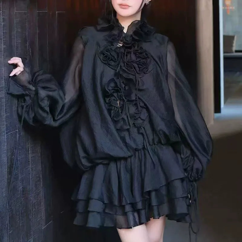 Women’s Ruffle Lace-Up Mini Dress | Long Sleeve Tiered Ruffle Hem Dress