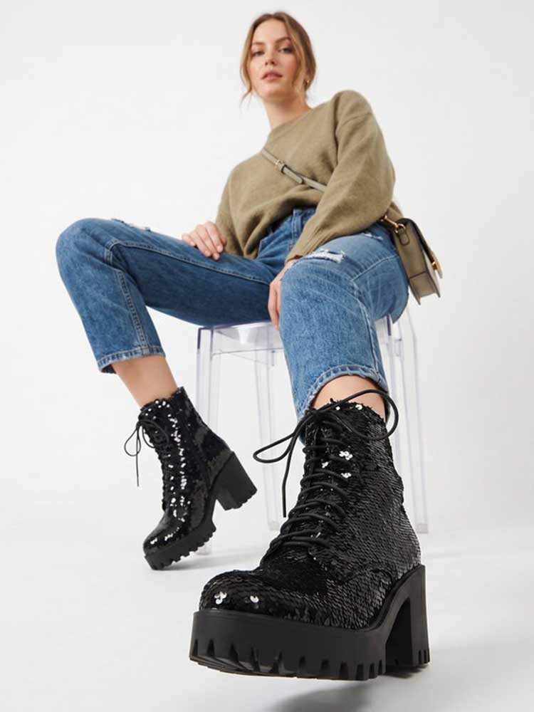 Women's Sequin Martin Boots Lace-Up Chunky Heel Ankle Boots for Stage Show Catwalk - Styeenigma