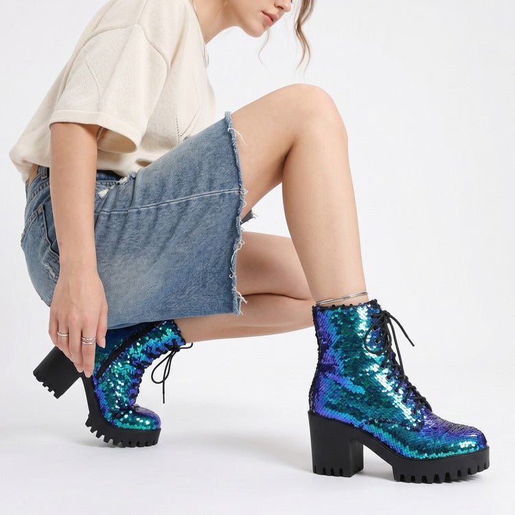 Women's Sequin Martin Boots Lace-Up Chunky Heel Ankle Boots for Stage Show Catwalk - Styeenigma