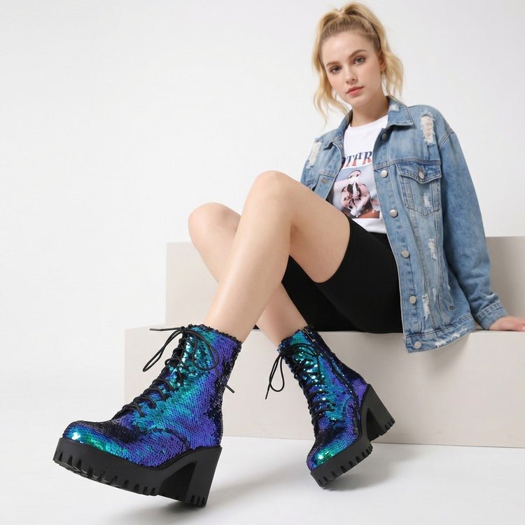 Women's Sequin Martin Boots Lace-Up Chunky Heel Ankle Boots for Stage Show Catwalk - Styeenigma