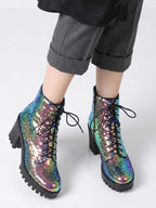 Women's Sequin Martin Boots Lace-Up Chunky Heel Ankle Boots for Stage Show Catwalk - Styeenigma