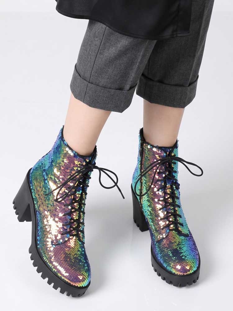 Women's Sequin Martin Boots Lace-Up Chunky Heel Ankle Boots for Stage Show Catwalk - Styeenigma