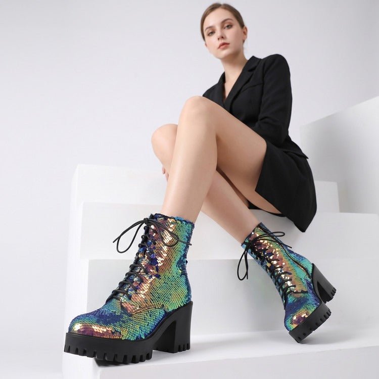 Women's Sequin Martin Boots Lace-Up Chunky Heel Ankle Boots for Stage Show Catwalk - Styeenigma