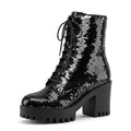 Women's Sequin Martin Boots Lace-Up Chunky Heel Ankle Boots for Stage Show Catwalk - Styeenigma