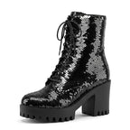 Women's Sequin Martin Boots Lace-Up Chunky Heel Ankle Boots for Stage Show Catwalk - Styeenigma