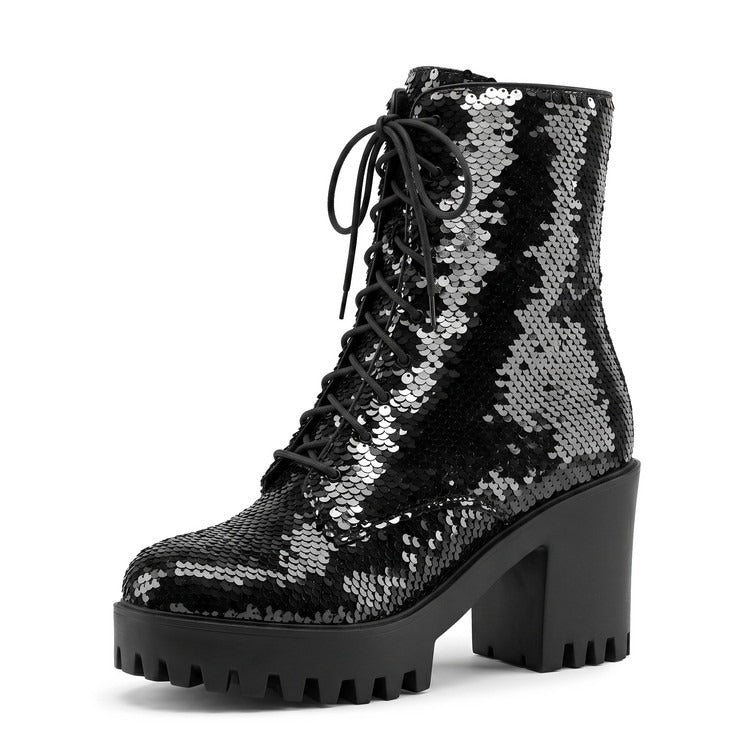 Women's Sequin Martin Boots Lace-Up Chunky Heel Ankle Boots for Stage Show Catwalk - Styeenigma