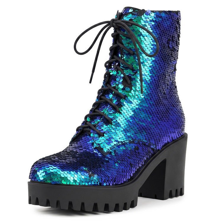 Women's Sequin Martin Boots Lace-Up Chunky Heel Ankle Boots for Stage Show Catwalk - Styeenigma