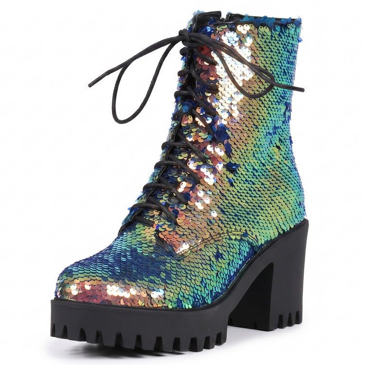 Women's Sequin Martin Boots Lace-Up Chunky Heel Ankle Boots for Stage Show Catwalk - Styeenigma