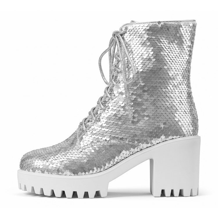 Women's Sequin Martin Boots Lace-Up Chunky Heel Ankle Boots for Stage Show Catwalk - Styeenigma