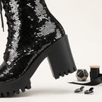 Women's Sequin Martin Boots Lace-Up Chunky Heel Ankle Boots for Stage Show Catwalk - Styeenigma