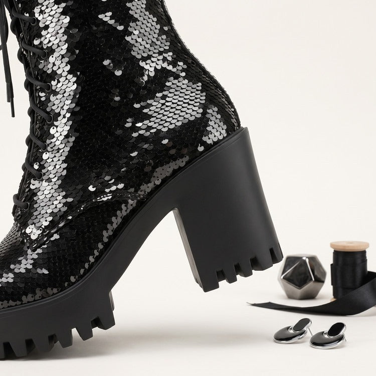 Women's Sequin Martin Boots Lace-Up Chunky Heel Ankle Boots for Stage Show Catwalk - Styeenigma