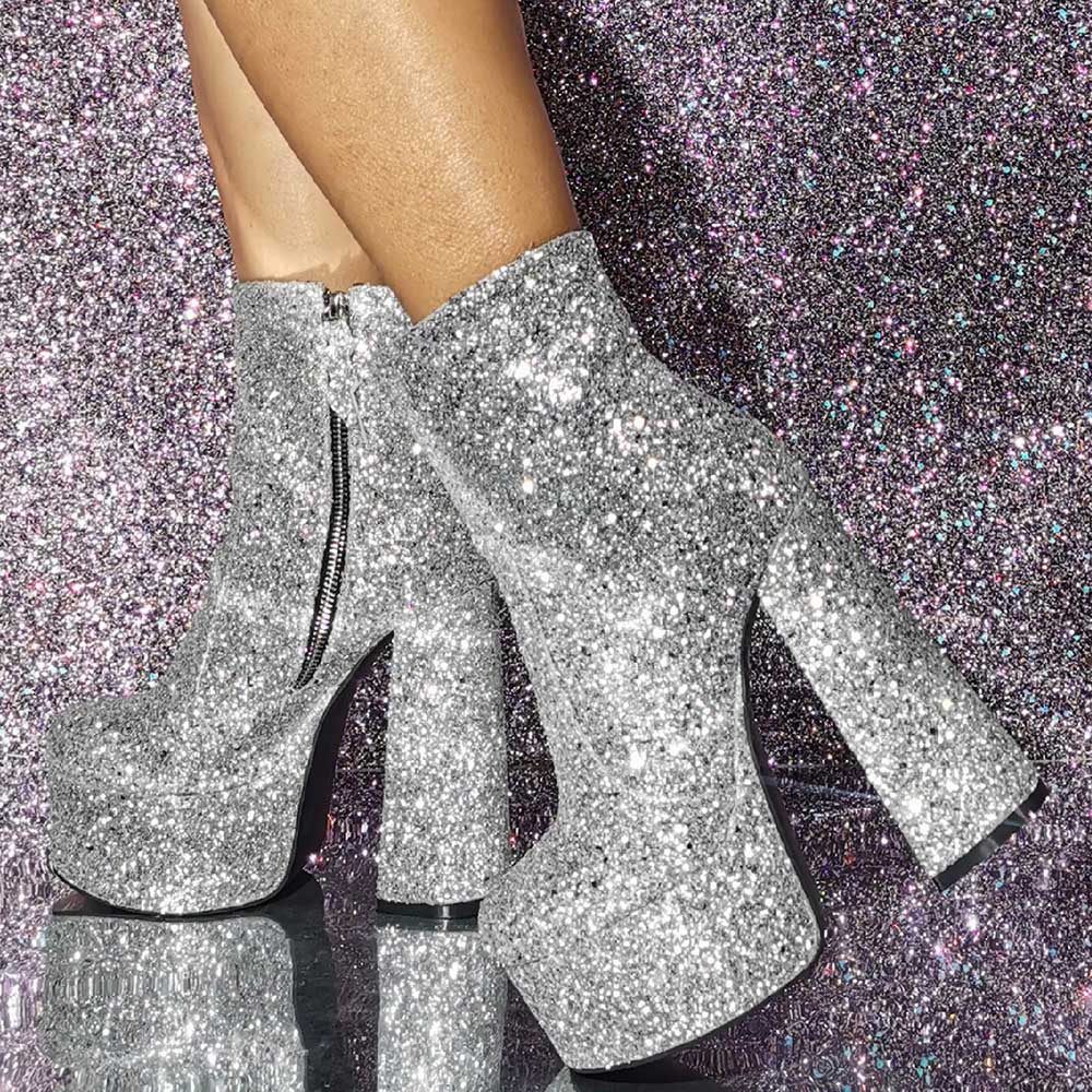 Women's Silver Glitter Platform Ankle Boots Chunky High Heel Booties Shiny Party Club Shoes