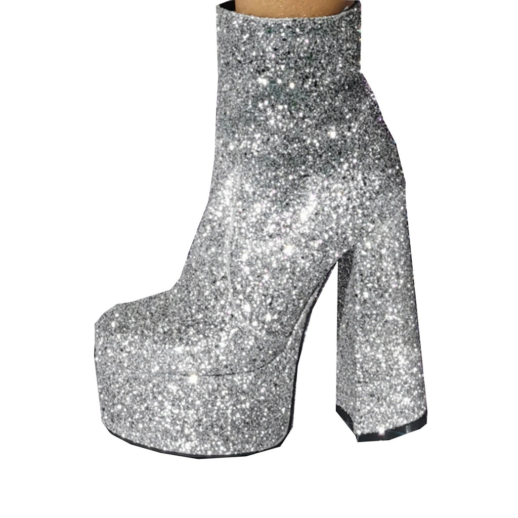 Women's Silver Glitter Platform Ankle Boots Chunky High Heel Booties Shiny Party Club Shoes