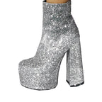 Women's Silver Glitter Platform Ankle Boots Chunky High Heel Booties Shiny Party Club Shoes