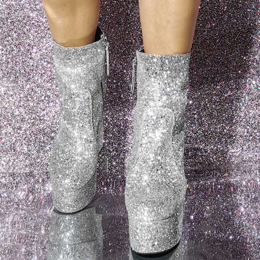 Women's Silver Glitter Platform Ankle Boots Chunky High Heel Booties Shiny Party Club Shoes