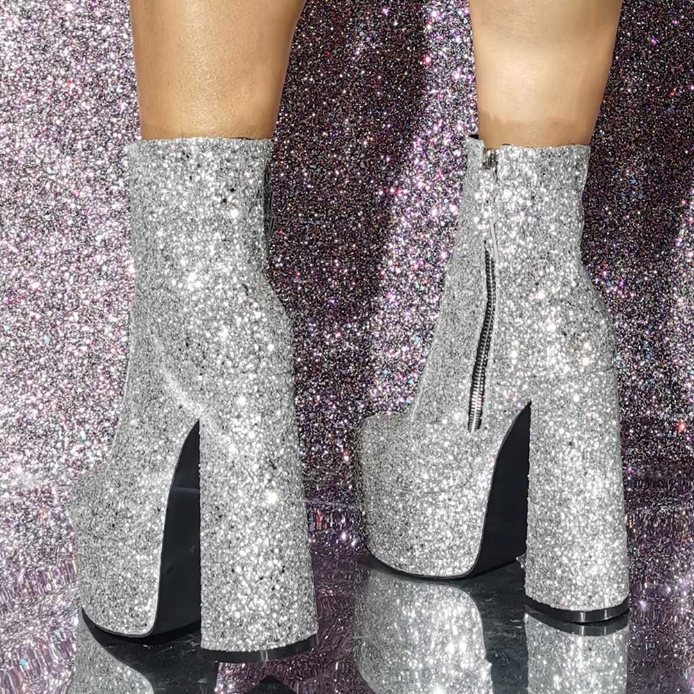 Women's Silver Glitter Platform Ankle Boots Chunky High Heel Booties Shiny Party Club Shoes