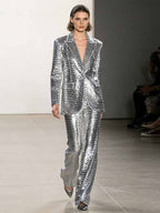 Women's Silver Sequin Suit Set - Striking Wide Leg Pants with V-Neck Blazer for Evening Party - Styeenigma