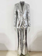 Women's Silver Sequin Suit Set - Striking Wide Leg Pants with V-Neck Blazer for Evening Party - Styeenigma