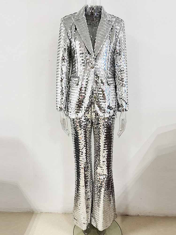 Women's Silver Sequin Suit Set - Striking Wide Leg Pants with V-Neck Blazer for Evening Party - Styeenigma