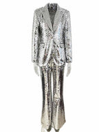 Women's Silver Sequin Suit Set - Striking Wide Leg Pants with V-Neck Blazer for Evening Party - Styeenigma