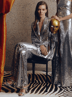 Women's Silver Sequin Suit Set - Striking Wide Leg Pants with V-Neck Blazer for Evening Party - Styeenigma