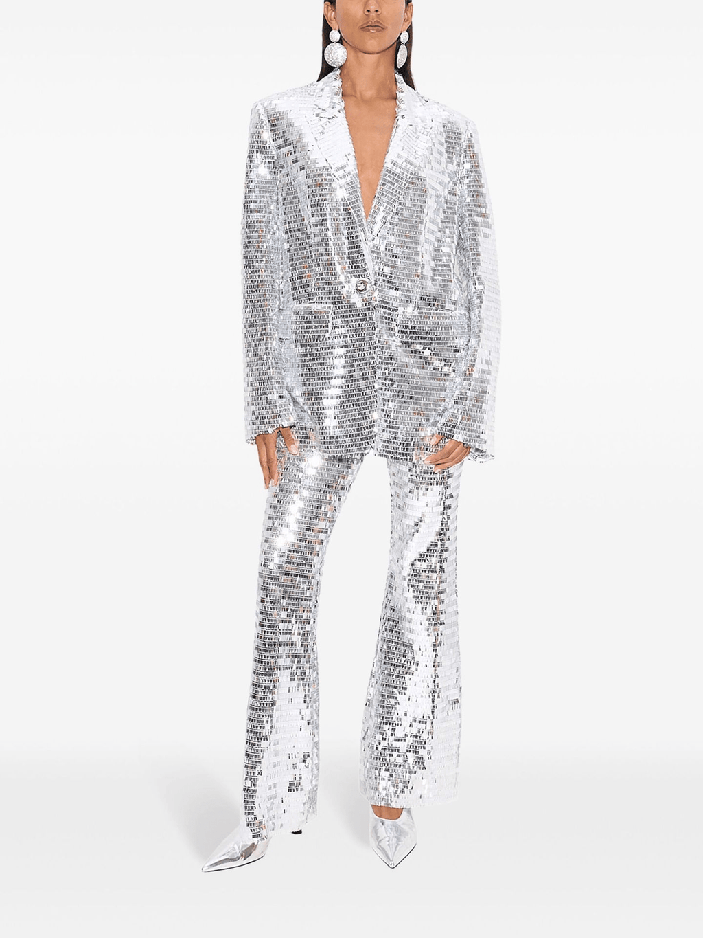 Women's Silver Sequin Suit Set - Striking Wide Leg Pants with V-Neck Blazer for Evening Party - Styeenigma