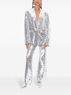 Women's Silver Sequin Suit Set - Striking Wide Leg Pants with V-Neck Blazer for Evening Party - Styeenigma