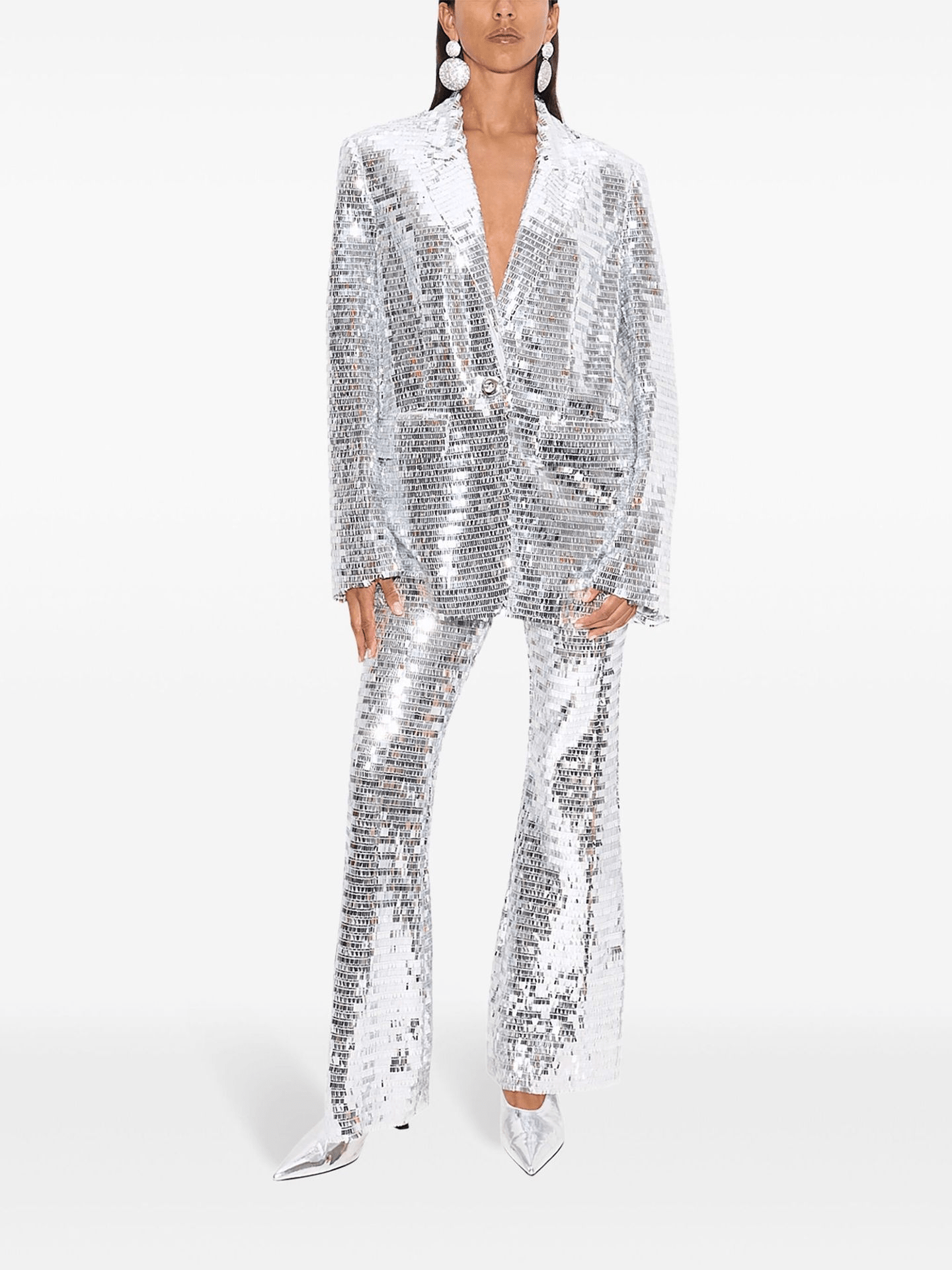 Women's Silver Sequin Suit Set - Striking Wide Leg Pants with V-Neck Blazer for Evening Party - Styeenigma