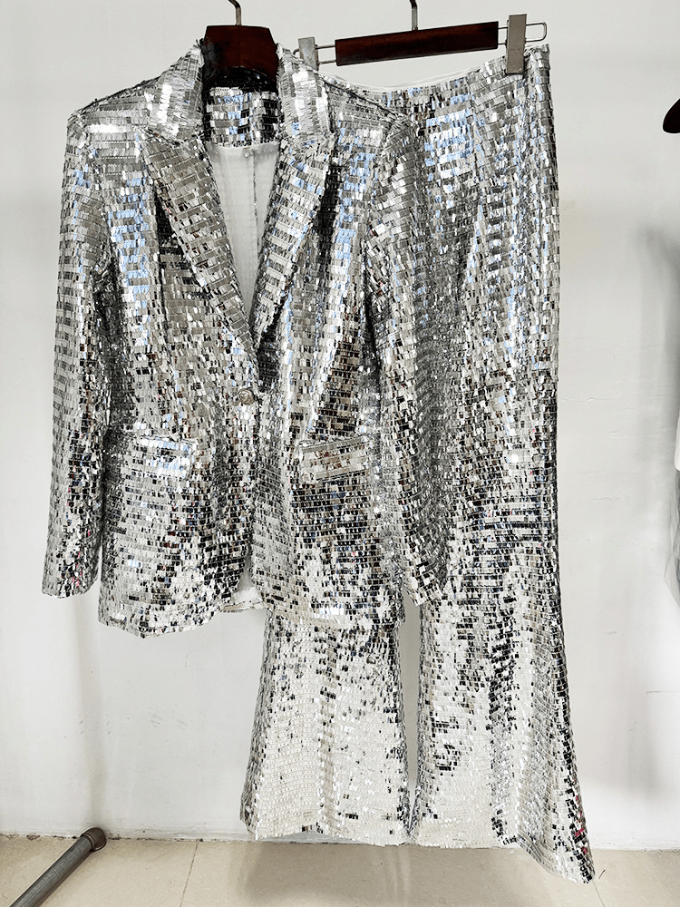 Women's Silver Sequin Suit Set - Striking Wide Leg Pants with V-Neck Blazer for Evening Party - Styeenigma