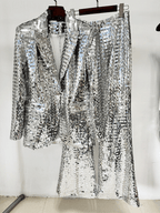 Women's Silver Sequin Suit Set - Striking Wide Leg Pants with V-Neck Blazer for Evening Party - Styeenigma