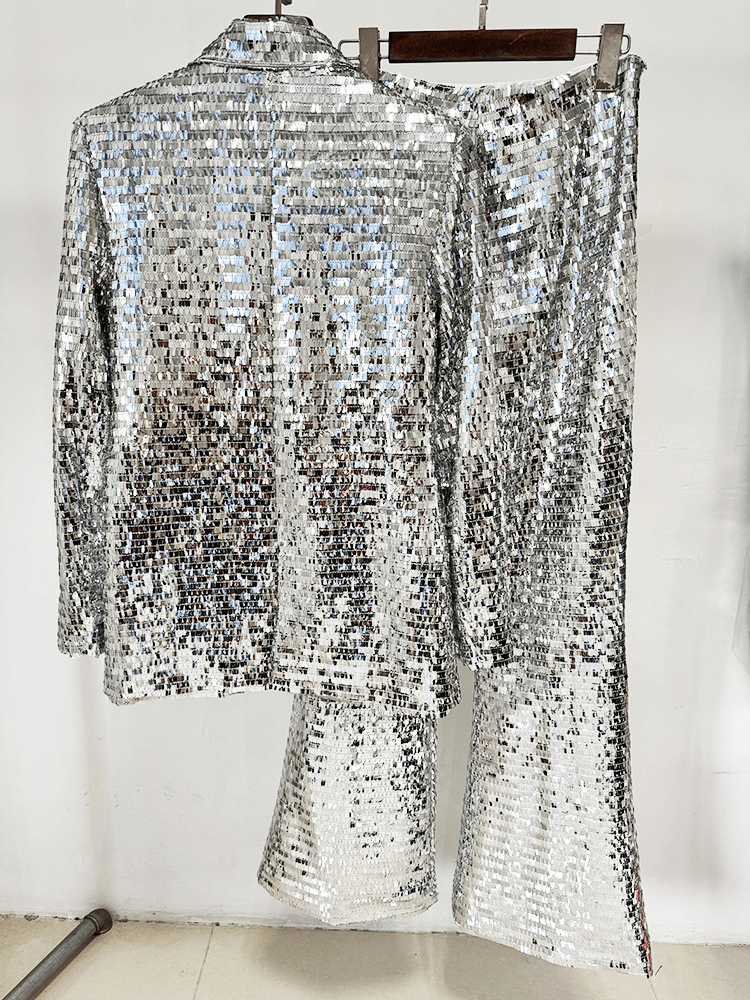 Women's Silver Sequin Suit Set - Striking Wide Leg Pants with V-Neck Blazer for Evening Party - Styeenigma