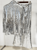Women's Silver Sequin Suit Set - Striking Wide Leg Pants with V-Neck Blazer for Evening Party - Styeenigma