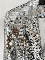 Women's Silver Sequin Suit Set - Striking Wide Leg Pants with V-Neck Blazer for Evening Party - Styeenigma