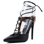 Black Leopard Print Stiletto Heels - Sexy Clear Strap Lace Up Peep Toe Pumps for Women - Styeenigma