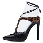 Black Leopard Print Stiletto Heels - Sexy Clear Strap Lace Up Peep Toe Pumps for Women - Styeenigma
