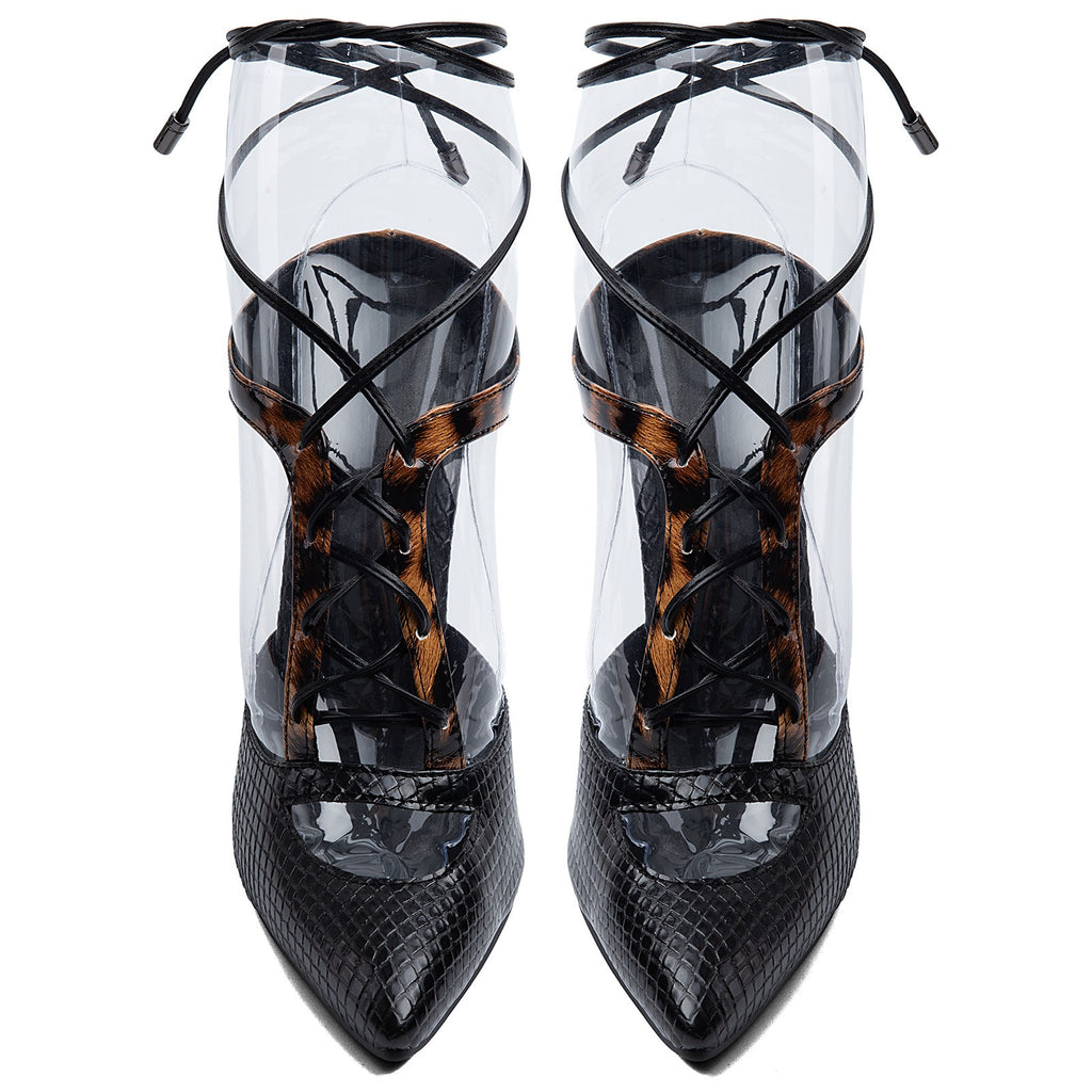 Black Leopard Print Stiletto Heels - Sexy Clear Strap Lace Up Peep Toe Pumps for Women - Styeenigma