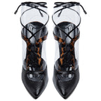 Black Leopard Print Stiletto Heels - Sexy Clear Strap Lace Up Peep Toe Pumps for Women - Styeenigma