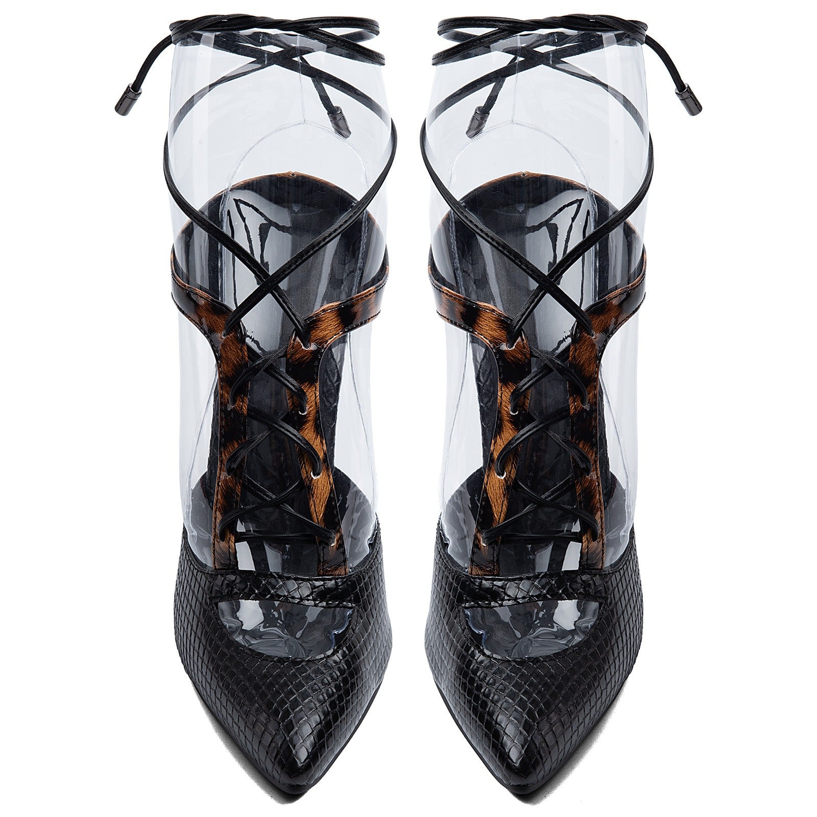 Black Leopard Print Stiletto Heels - Sexy Clear Strap Lace Up Peep Toe Pumps for Women - Styeenigma