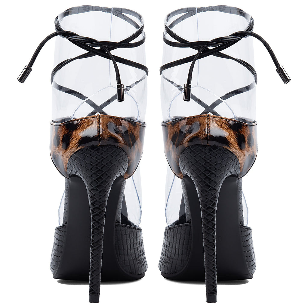 Black Leopard Print Stiletto Heels - Sexy Clear Strap Lace Up Peep Toe Pumps for Women - Styeenigma